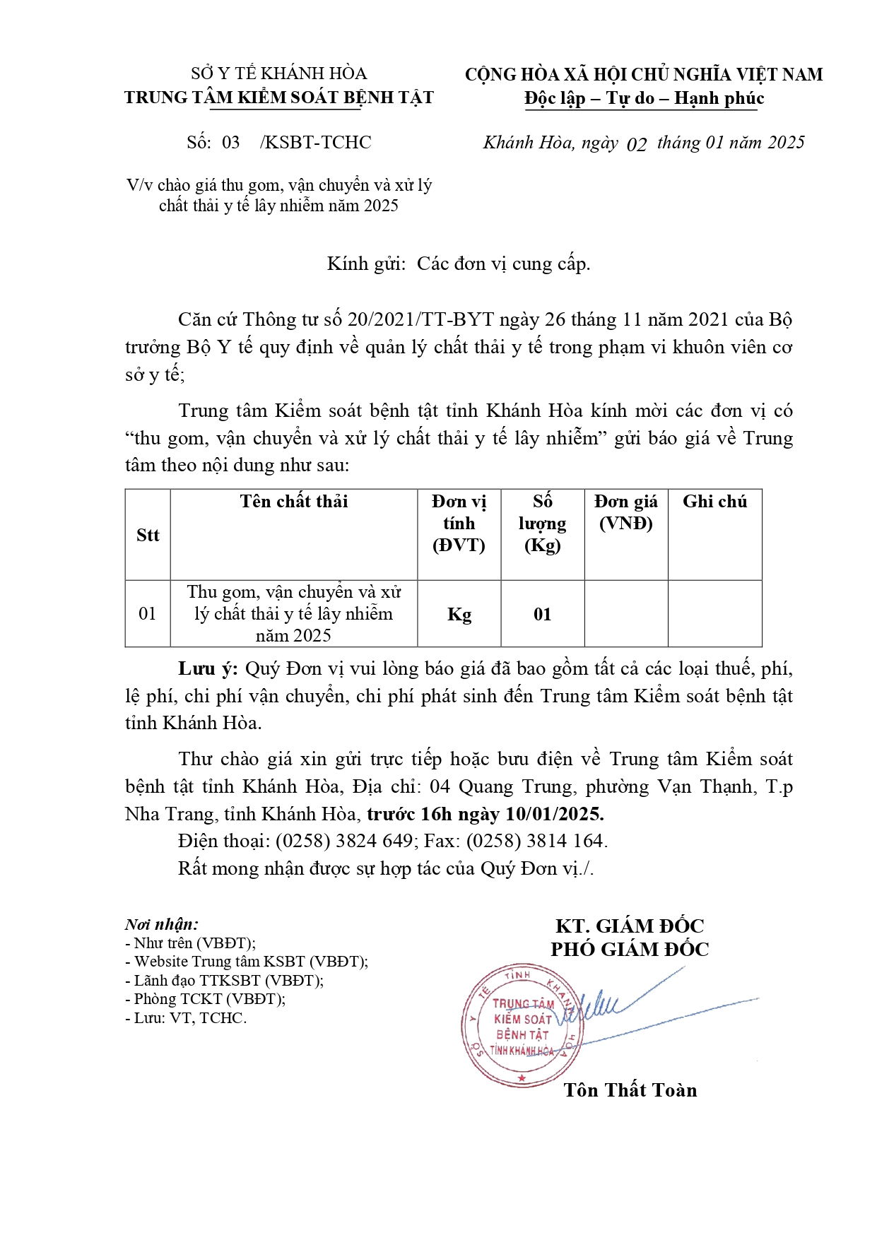 V/v chào giá thu gom, vận chuyển và xử lý chất thải y tế lây nhiễm năm 2025